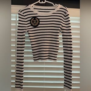 Striped Ribbed Long Sleeve Top with Embellished Crest